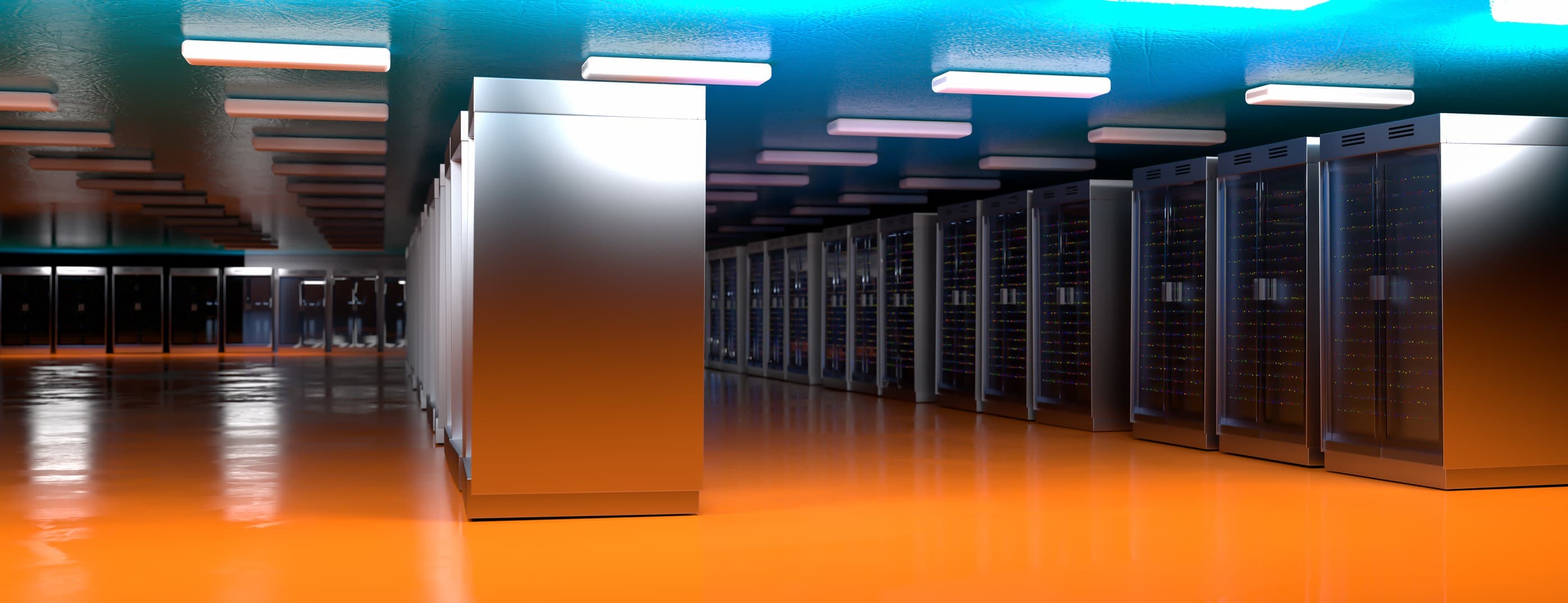 Data center server room with orange lighting